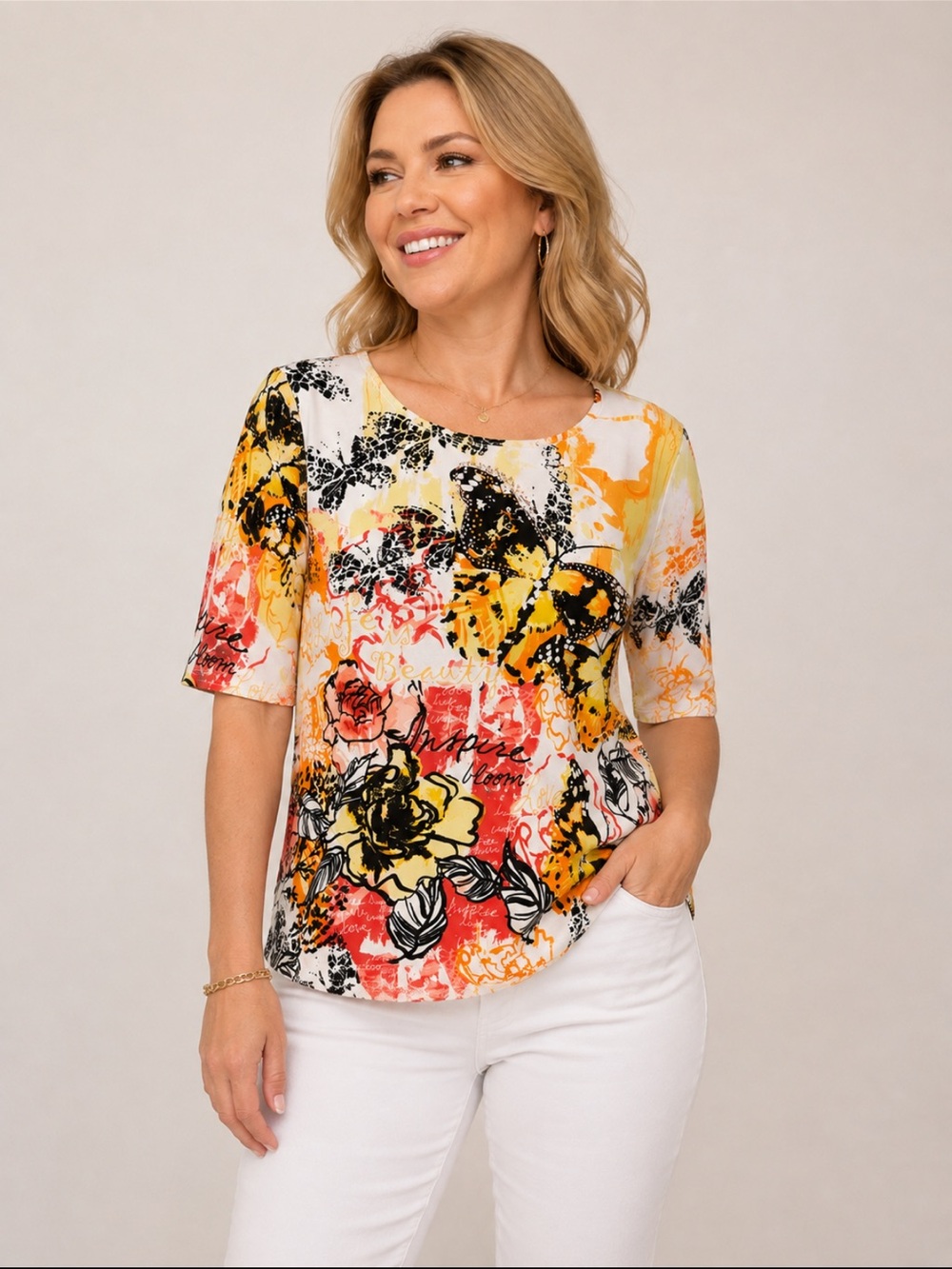 Women's Floral Butterfly Print 3/4 Sleeve Top - Yellow & Coral